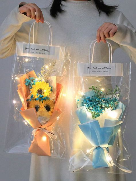 5pcs/set 17.72 X 9.84 Inch Plastic Gift Bag, Minimalist Slogan Graphic Clear Waterproof Party Favor Goodie Bag For Wedding Party Bouquet Bag, Plastic Gift Bags, Valentine Bouquet, Bag Minimalist, Transparent Flowers, Candy Crafts, Gift Bouquet, 22nd Birthday, Staff Appreciation