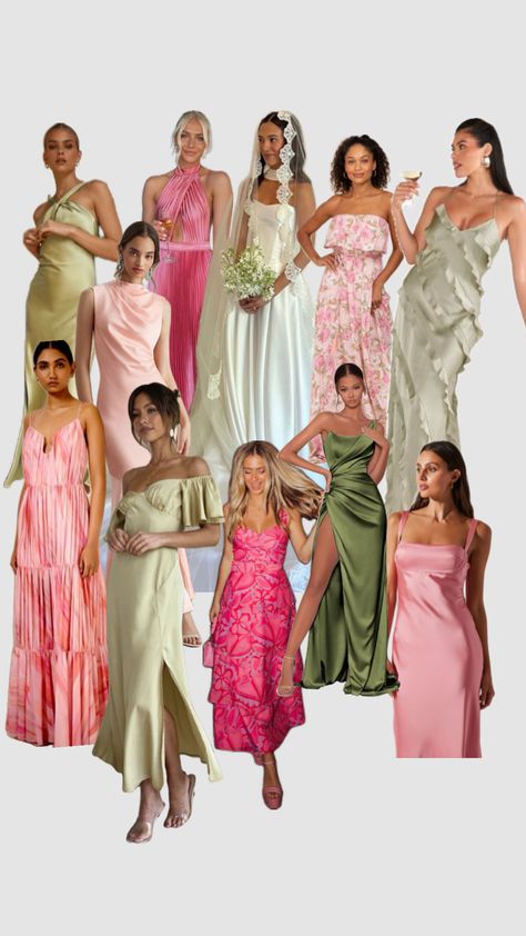 Pink And Green Bridesmaids, Green And Pink Bridesmaid Dresses, Wedding Core, Outfit Boda, Engagement Party Outfit, Wedding Sides, Pastel Bridesmaids, Mood Tone, Black Tie Dress Code