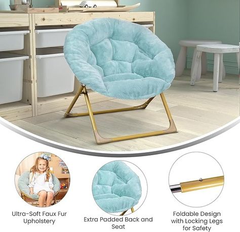 Amazon.com: Flash Furniture Gwen 23" Kids Cozy Mini Folding Saucer Moon Chair for Toddlers and Bedroom, Set of 1, Ivory Faux Fur/Soft Gold Frame : Home & Kitchen Kids Lounge Chair, Saucer Chair, Kids Playroom Furniture, Moon Chair, Toddler Chair, Cozy Chair, Bedroom Playroom, 150 Lbs, Playroom Furniture