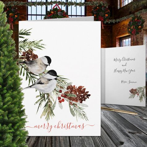 Winter Chickadees Pine Berries Merry Christmas Holiday Card #zazzle #weddinginvitations #birthdayinvitations #babyshowerinvitations #zazzleinvitations #monogram #businesscards #graduation #homedecor Pine Berries, Christmas Cards Cute, Winter Holiday Cards, Winter Birds, Beautiful Christmas Cards, Christmas Card Art, Holiday Design Card, Chickadees, Christmas Bird