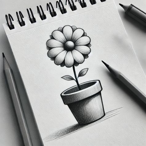 A simple hand-drawn pencil sketch of a flower with round petals sitting in a small pot. Light shading adds depth to the flower and pot, making this sketch perfect for beginners practicing still-life and nature-themed drawings. Still Life Pencil Shading Easy, Easy Flower Pot Drawing, Flower Pot Sketch, Still Life Drawing Pencil, Sketch Of A Flower, Pot Sketch, Easy Still Life, Easy Still Life Drawing, Flower Sketch Pencil