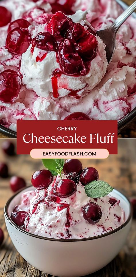 Cherry Cheesecake Fluff is a light, creamy dessert that’s like a cloud of cherry and cheesecake heaven! Perfect for gatherings, family dinners, or simply indulging in a sweet treat. With just a few ingredients, this fluffy dessert is quick to prepare and will surely be a crowd-pleaser. Cherry Cheesecake Fluff, Marscapone Cheese, Cherry Fluff, Cheesecake Fluff, Fluff Desserts, Cherry Desserts, Vanilla Whipped Cream, Instant Pudding Mix, Cherry Cheesecake