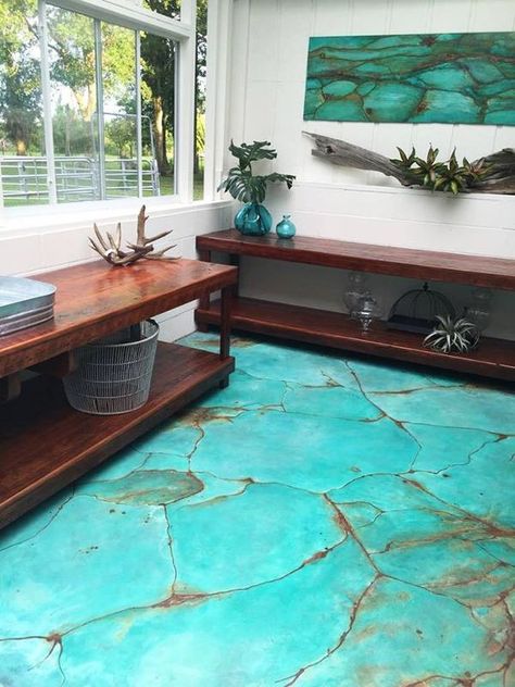 turquoise gem look on floor with metal effects patinas, diy, flooring, painting Beach Basement, Stenciled Floors, Decorative Concrete Floors, Pub Ideas, Patio Floor, Decoration Beton, Floor Makeover, Painted Concrete Floors, Patina Paint