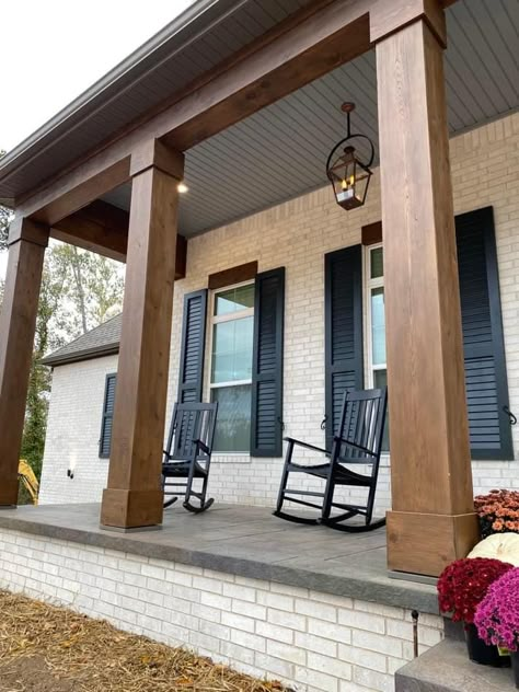 Porch Beams, Front Porch Columns, Rustic Front Porch, Deck Railing Ideas, Ranch House Exterior, Porch Styles, House Front Porch, Porch Remodel, Ranch Remodel