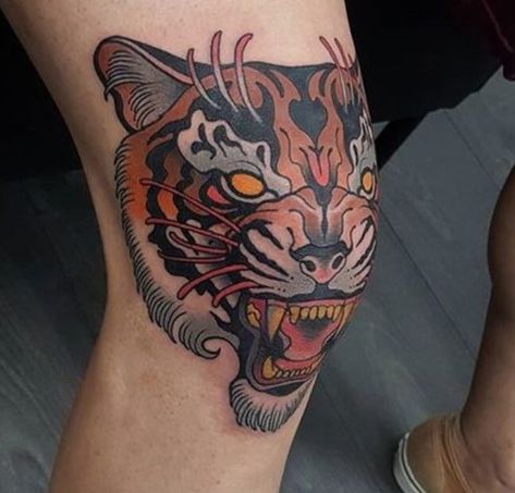 Top 10+ Knee Tattoo Ideas - Tiger Tattoo Designs | PetPress Tattoo Ideas Tiger, Tattoos Edgy, Traditional Tattoo Knee, Knee Tattoo Ideas, Partner Tattoo, Tiger Tattoo Designs, Traditional Tiger Tattoo, Tiger Head Tattoo, Best Leg Tattoos