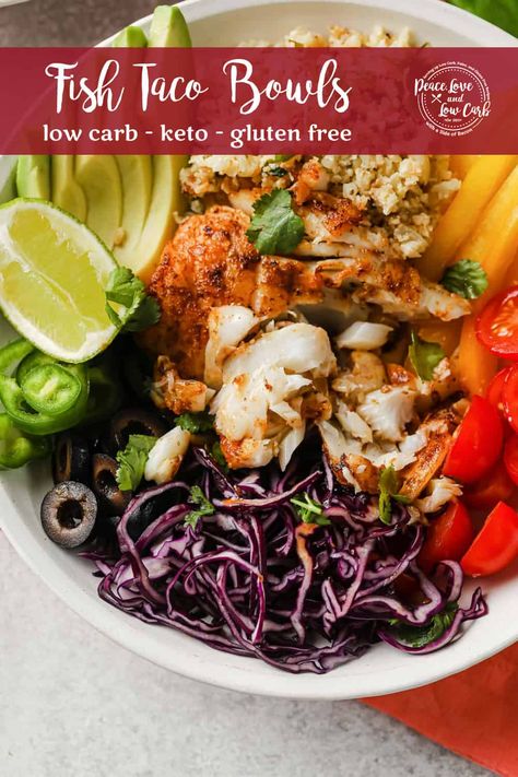 Rice With Tomatoes, Lime Cauliflower Rice, Keto Fish, Taco Bowl Recipe, Cilantro Lime Cauliflower Rice, Homemade Taco Seasoning Recipe, Grilled Prawns, Low Carb Tacos, Cauliflower Rice Recipes