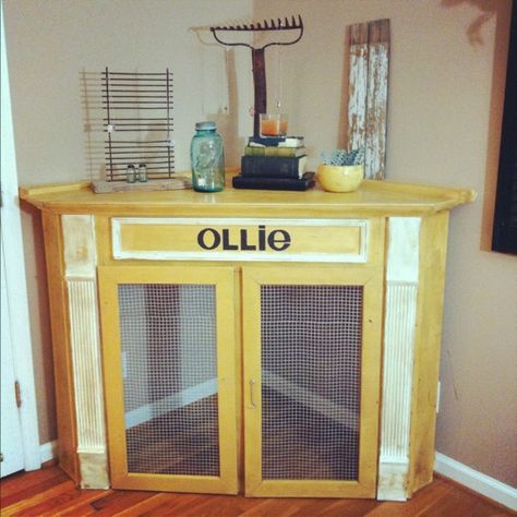 Corner Mantel to Dog Crate - Simply Janelle Designs Rambo 3, Airline Pet Carrier, Diy Dog Crate, Bunny Stuff, Large Dog Crate, Diy Dog Bed, Dog Tips, Dog Rooms, Kitchen Corner