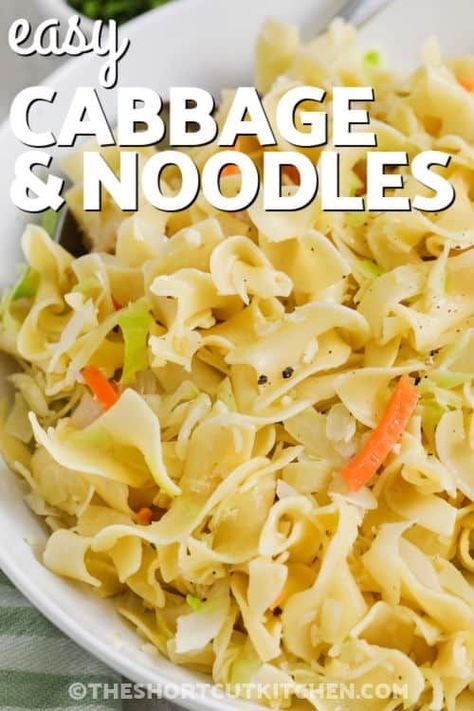 Whip up a tasty meal with cabbage and noodles! Mix egg noodles with fried onions, garlic, and coleslaw for a flavorful family favorite. It's a simple dish with just five ingredients and four steps! Give it an Asian flair by using glass noodles or Ramen. Need an easy side? Try fried cabbage and noodles with a handful of ingredients. #theshortcutkitchen #cabbageandnoodles #cabbageandnoodlesrecipe #noodlesandcabbage Egg Noodles And Cabbage, Easy Asian Cabbage Recipes, Cabbage And Noodles With Kielbasa, Cabbage Noodles Recipes, Egg Noodle Side Dish, Cabbage And Noodles Recipe, Fried Cabbage And Noodles, Frying Pan Recipes, Southern Fried Cabbage