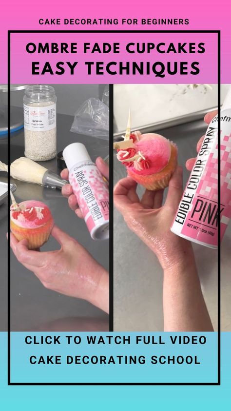 A quick lesson on creating ombre fades on cupcakes. We us color spray to achieve a lovely and striking ombre effect and finish it with a few fun embelishments. A great way to do this for decorators that don't have an airbrush machine Piping Tutorial, Airbrush Machine, Cake Decorating For Beginners, Color Spray, Ombre Effect, No Bake Cake, Baked Goods, Sweet Tooth, Cake Decorating