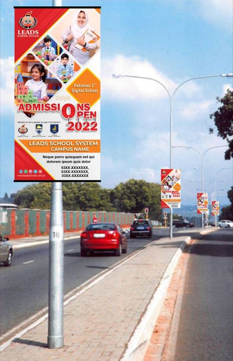 Streamer Vertical Banner on Road Design Flex Designing Road Signage, Pen Projects, Vertical Banner, School Banner, Road Design, Creative Graphic Design, School System, Instagram Design, Marketing Materials