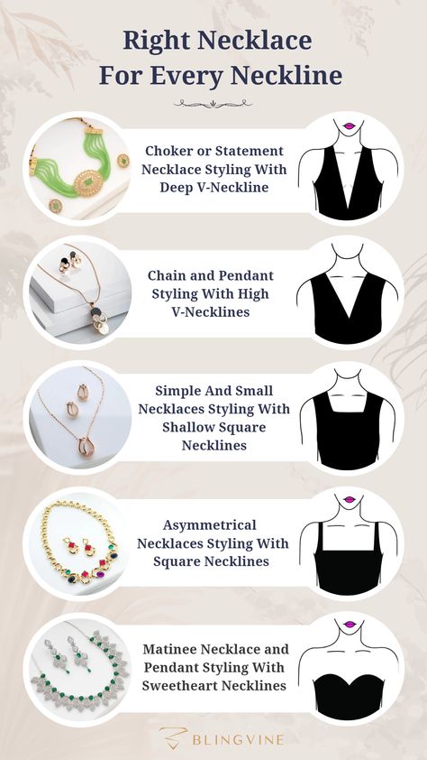 Right Necklace for Every Neckline Right Necklace For Neckline, Best Necklace For Neckline, Necklace For Neckline Dresses, Necklines And Jewelry Necklace Guide, Necklace Styles Guide, Jewellery For Different Necklines, Square Neck Necklace Guide, Jewelry Wearing Tips, Square Neck Accessories