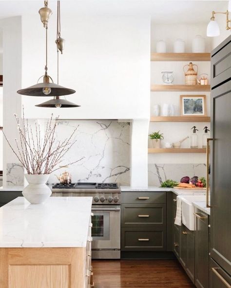 Stove Alcove Round Up - Farmhouse Living Modern Stoves, Kitchen Post, Marble Counter, Green Cabinets, Interior Design Business, Dark Kitchen Cabinets, Gorgeous Kitchens, Modern Farmhouse Kitchens, Counter Tops