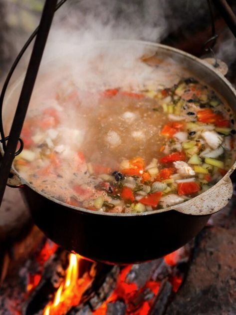 Soups Over Campfire, Soup Over The Fire, Campfire Soups And Stews, Camping Soups And Stews, Camping Soup Recipes, Campfire Soup Recipes, Campfire Soup, Camping Soup, Dutch Oven Soup Recipes