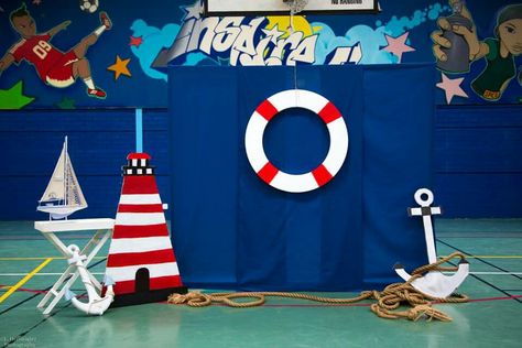 Nautical backdrop photobooth stage Nautical Party Backdrop, Nautical Theme Backdrop, Pirate Theme Photo Backdrop, Sailor Decoration Party, Photo Backdrop Frame, Nautical Photo Booth, Nautical Backdrop, Police Birthday Party, Sailor Baby Showers