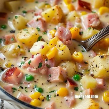 SMOKED HAM, POTATO AND CORN CHOWDER Ham And Potato Corn Chowder, Easy Corn Chowder, Crockpot Potato, Soup Crockpot, Potato Corn Chowder, Ham Potato, Pork Broth, Corn Chowder Recipe, Fall Soup