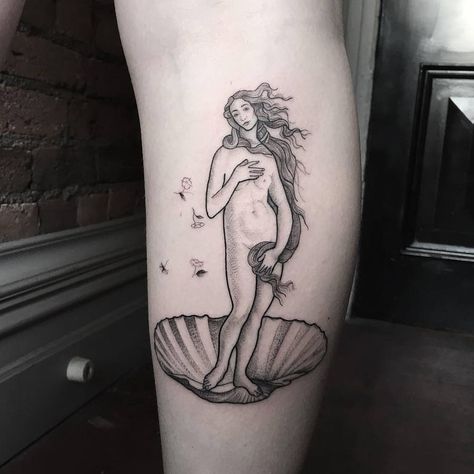 Mythology Tattoos Men, Greek Mythology Tattoos Men, Aphrodite Tattoo, Venus Tattoo, Shell Tattoo, Paris Tattoo, Shell Tattoos, Tattoos Men, Greek Mythology Tattoos