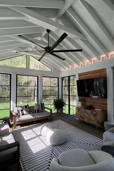 Sun Room Back Of House, 4 Season Room Addition Off Living Room, Double Sided Fireplace Sunroom, Unique Screened Porch Ideas, 4 Season Room Windows, Sunroom To Patio, 3 Season Screened Porch Ideas, Screened In Porch With Bar, Outdoor Sunroom Ideas Screened In Porch