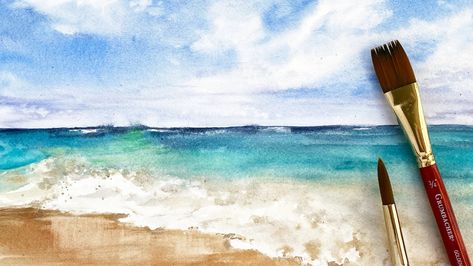 Beach Waves Photos, Beach Landscape Watercolor, Watercolor Waves Tutorial, Watercolor Beach Tutorial, Wave Reference, Watercolour Waves, Loose Watercolor Landscape, Ocean Watercolor Painting, Beach Landscape Painting