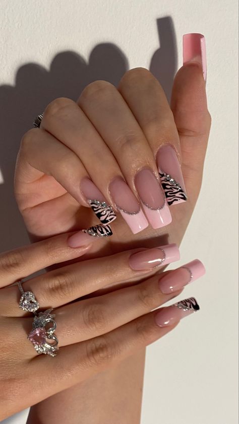 pink nails, french nails, pink french, zebra nails,leopard nails,nail inspo, pink french nails, square nails,coffin nails, pink nail inspo,nails,cute rings,pink rings Zebra Nails Pink, Dope Nail Designs Swag, Zebra French Tip Nails, Baddy Nails, Early 2000 Nails, Y2k French Tip, Nail Salon Nails, Nails Pink Acrylic, Nails Girly