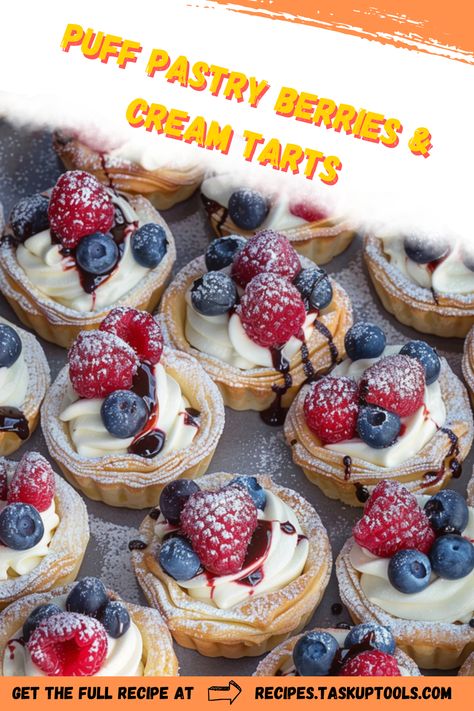 Indulge in the delicate flakiness of Puff Pastry Berries & Cream Tarts, a perfect blend of fresh berries and rich cream nestled in golden, buttery pastry layers. This elegant dessert effortlessly impresses at any gathering, combining sweet, tart, and creamy flavors for a delightful bite every time. Follow our easy, step-by-step guide to create these stunning treats that offer a homemade touch with minimal effort. Ideal for dinner parties, brunches, or simply savoring the beauty of a Puff Pastry Tarts Fruit, Puff Pastry Fruit Tart, Puff Pastry And Berries, Pastry Fruit Tart, Fruit Tart Recipe Easy Puff Pastries, Lemon Tarts Mini Puff Pastries, Puff Pastry Fruit, Fruit Donut, Peach Tartlets Puff Pastries