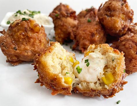 lisa is cooking: Corn and Crab Beignets with Yaji Aioli Crab And Corn Fritters, Crab Beignets Recipe, Crab Beignets, Cooking Corn, Louisiana Food, Marcus Samuelsson, African Spices, Salmon And Shrimp, Cajun Creole Recipes