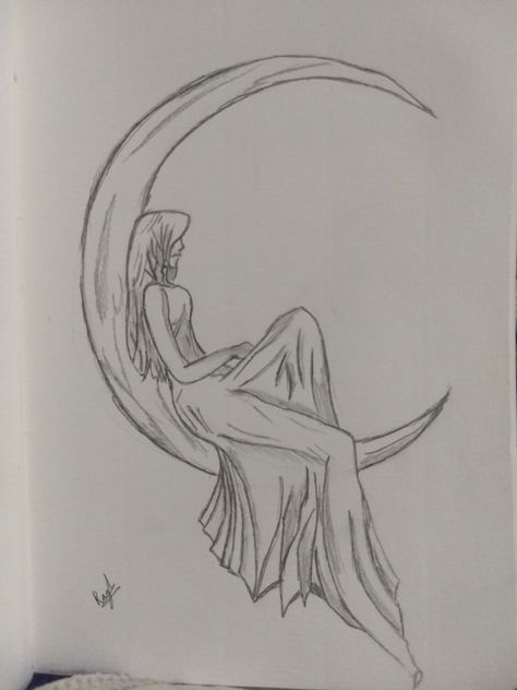 Moon girl waiting for someone looking through the night Moon As A Person Drawing, Woman Sitting On Moon Tattoo, Sitting On Moon Tattoo, Sketches With Meaning, Moon Girl Tattoo, Moon Night Drawing, Moon Sketch, Word Tattoo Ideas, Dream Drawing