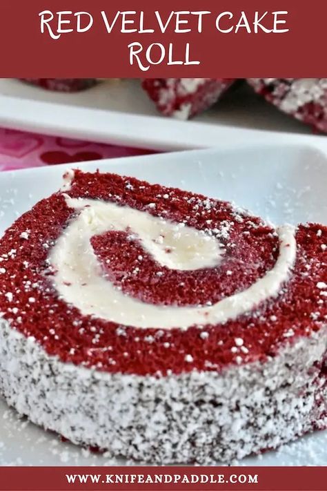 Red Velvet Cake Roll • www.knifeandpaddle.com Red Velvet Roll, Ice Cream Cake Roll, Make Chocolate Covered Strawberries, Red Velvet Cake Roll, White Chocolate Filling, Valentine's Desserts, Velvet Recipes, Chocolate Ice Cream Cake, Red Velvet Recipes