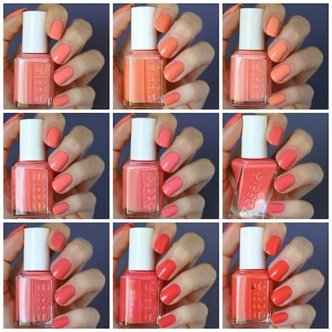 Essie Orange Coral Comparisons : Tart Deco, Peach Side Babe, Haute As Hello, Resort Fling, Lounge Lover, On the List, Carousel Coral, Sunday Funday & Sunshine State of Mind | Essie Envy Spring Nail Polish Colors, Coral Nail Polish, Sunshine State Of Mind, Peach Nails, Coral Nails, Essie Nail Polish, Orange Coral, Colorful Nail Designs, Essie Nail