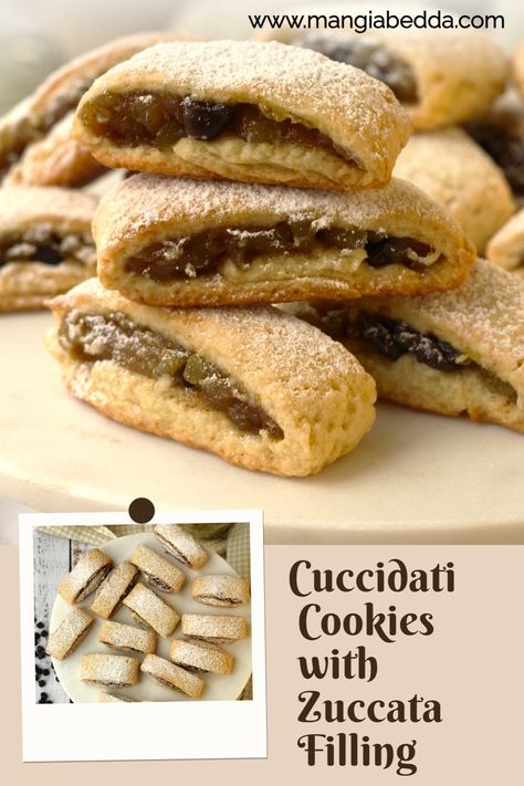 A traditional Sicilian cookie with zuccata - cucuzza jam filling! #cuccidati #zuccata #Siciliancookies Italian Nut Roll Cookies, Cuccidati Cookies, Apricot Biscotti, Meatball Cookies, Mangia Bedda, Rolled Cookies, Spicy Meatball, Italian Baking, Jam Roll