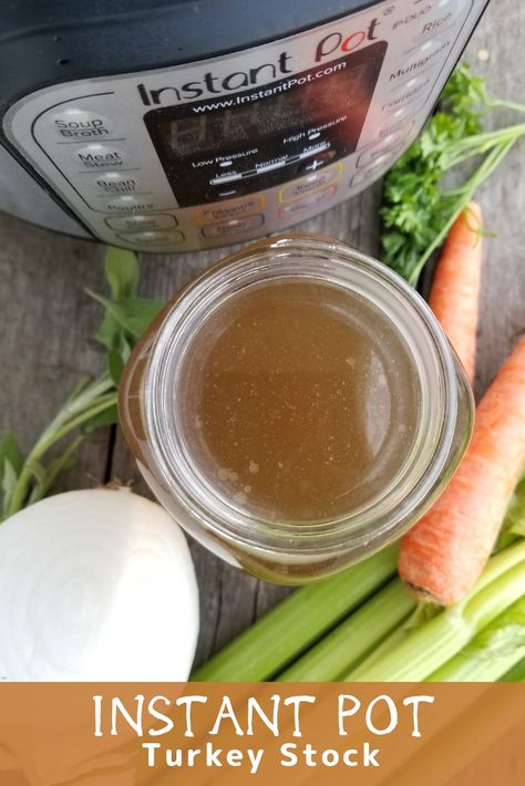 Instant Pot Turkey Stock made using the leftover turkey carcass is quick and efficient way to make a savoury, flavourful turkey stock. #InstantPot #TurkeyStock #TurkeyBroth via @Bakersbeans Instant Pot Turkey Stock, Turkey Stock Recipe, Turkey Soup From Carcass, Instant Pot Turkey, Stock Recipes, Pot Recipes Healthy, Turkey Broth, Turkey Stock, Turkey Soup