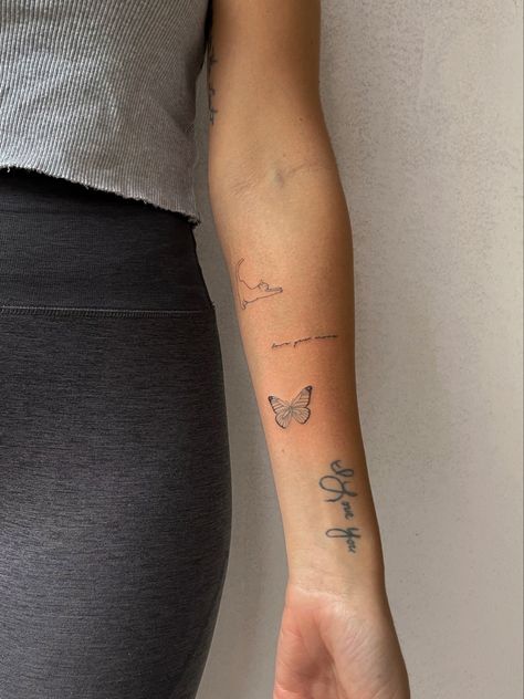 Cat tattoo, script tattoo, butterfly tattoo, sticker sleeve, fineline, single needle Sticker Sleeve, Script Tattoo, Finger Tattoo For Women, Tattoo Butterfly, Finger Tattoo, Tattoo Script, Tattoo Sticker, Mini Tattoos, Finger Tattoos