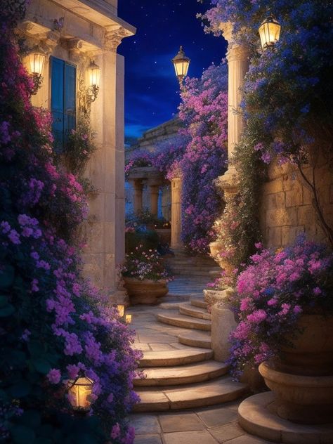 Dreamy Places Aesthetic, Castle Balcony Night, Terrasen Aesthetic, Ethereal Beauty Aesthetic, Ambience Decor, Castle Exterior, Castle House Design, Fantasy Town, Cute Blue Wallpaper