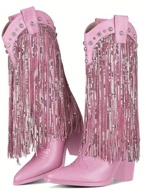 Pink  Collar     Embellished   Women Shoes Cowgirl Rhinestone, Knee High Boots Chunky, Western Shoes, Boots Chunky, Sequin Wedding, Soul Mates, Cowgirl Cowboy, Animal Coloring, Chunky High Heels