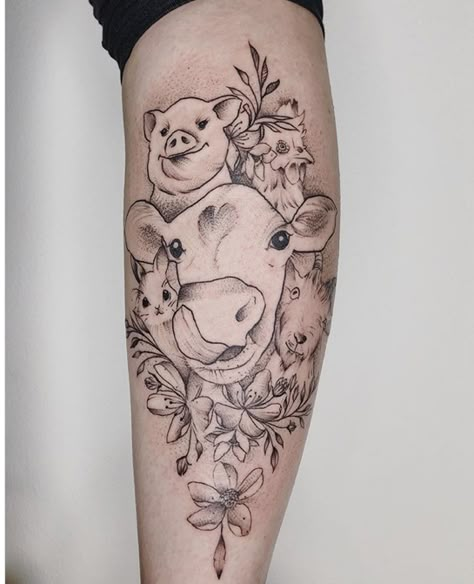 Plant Based Tattoo by Baru. Check out more sensational cruelty free tattoos at the link! Highland Cow Tattoo, Farm Tattoo, Bull Skull Tattoos, Bull Tattoo, Tattoo With Flowers, Berlin Tattoo, Taurus Tattoo, Pig Tattoo, Tier Tattoo