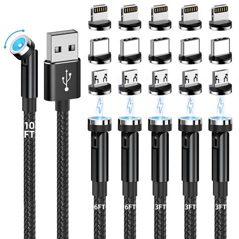 Magnetic Charging Cable, 540° Rotating Magnetic Phone Charger [6-Pack, 3ft/3ft/3ft/6ft/6ft/10ft] 3 in 1 Magnetic Charger Cable Nylon Braided Magnetic USB Cable for iPhone/Micro USB/Type C Device Magnetic Charger Cable, Magnetic Charging Cable, Magnetic Charger, Iphone Charger, Phone Charging, Phone Charger, 6 Packs, Micro Usb, Usb Cable