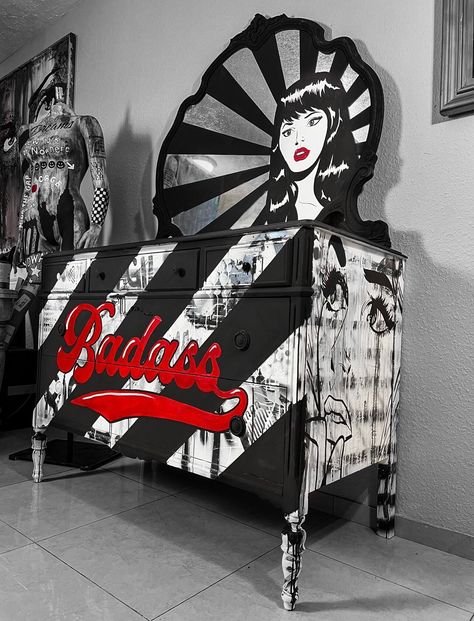 Art Painted Furniture, Graffiti Furniture, Art Pallet, Graffiti Pop Art, Pop Art Face, Gray Gardens, Custom Painted Furniture, Refinished Furniture, 5 Drawer Dresser