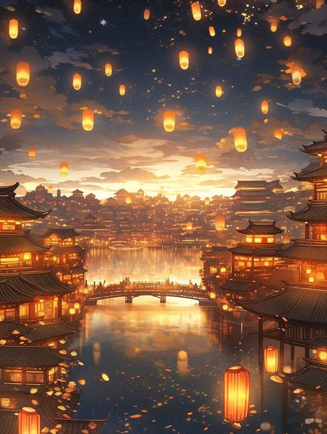 Danmei Aesthetic, Minecraft Environment, Chinese Background, Ghost City, Chinese Art Painting, Pretty Artwork, Dreamy Artwork, Fantasy City, Fantasy Places