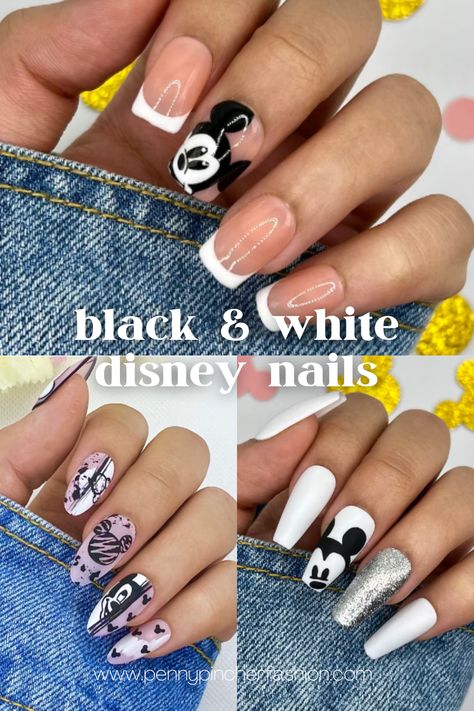 disney Black and White Nail Art Designs Disney Nails Black And White, Black And White Disney Nails, White Disney Nails, Disney Black And White, Newspaper Nail Art, White Nail Art Designs, Dot Nail Art Designs, Black And White Nail, Swirl Nail Art