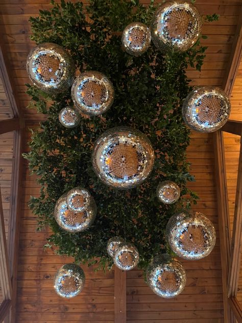 Green Disco Party, Greenery And Disco Balls, Ceremony Flowers Altar, Disco Ball Ceiling, Disco Garden Party, Christmas Fireplace Mantels, Thistle Wedding, Edgy Bridal, Casual Bride