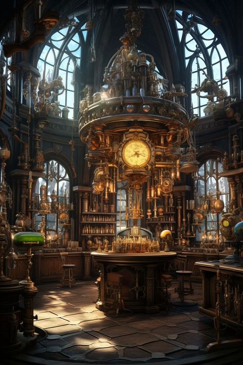 Steampunk Toymaker, Magic Steampunk Aesthetic, Alchemist Lab Concept Art, Steampunk Fantasy World, Alchemist Library, Alchemist Study, Dark Steampunk Aesthetic, Steampunk Astethic, Alchemist Workshop