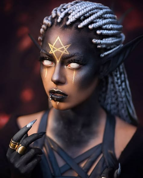 Dark Magic Makeup, Black And Gold Witch Makeup, Bog Witch Makeup, High Priestess Makeup, Black Fantasy Makeup, Witch Glam Makeup, Dark Witch Halloween Makeup, Gold Witch Makeup, Wizard Makeup Female