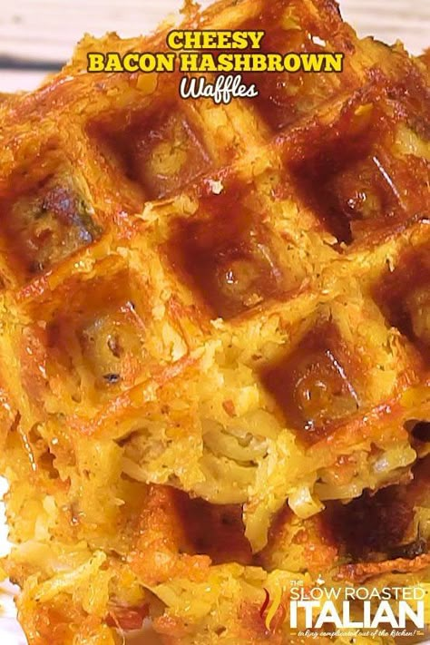 Cheesy Bacon Hashbrown Waffles Breakfast Casserole With Hashbrowns, Hash Brown Waffles, Hashbrown Waffles, Waffle Iron Recipes, Egg Bites Recipe, Blueberry Breakfast Cake, Waffle Maker Recipes, The Slow Roasted Italian, Cheese Breakfast