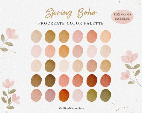 PROCREATE COLOR PALETTE Instantly download this Spring Boho Procreate Color Palette including 30 handpicked colors and enjoy coloring your items! This Color Palette can be used with the Procreate App. The 30 colors come in a palette that will import directly into your Procreate App when downloaded and opened. Each color is handpicked with love to form a perfect aesthetic color scheme.  PLEASE NOTE THAT THIS IS A DIGITAL PRODUCT. No physical item will be shipped. YOU WILL RECEIVE ► Spring Boho Pr Soft Boho Color Palette, Spring Pastel Color Palette, Color Palette Spring, Palette Spring, Yellow Color Scheme, Procreate Color Palette, Perfect Aesthetic, Aesthetic Color, Yellow Colour Scheme