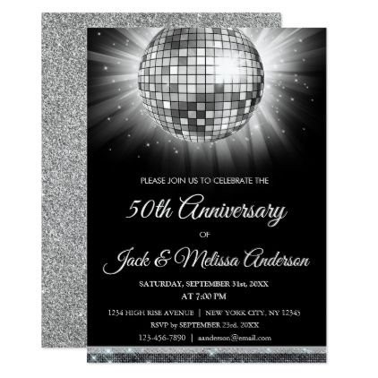 Silver 50th Anniversary Party Disco Ball Card - invitations custom unique diy personalize occasions Disco Ball Invitation, Birthday Party Disco, Party Disco Ball, 60th Wedding Anniversary Party, Gold Disco Ball, Sparkle Birthday Party, Ball Invitation, Wedding Anniversary Party Invitations, Silver Disco Ball