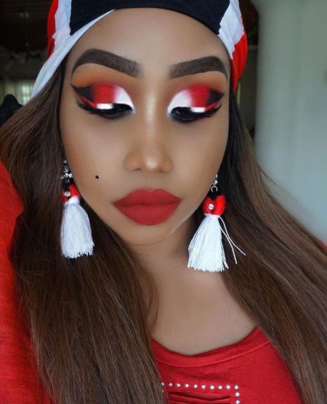 Red, white & black tassel earrings // Trinidad & Tobago // Saint Hadar Exchange // Makeup look // Independence Day Independence Makeup Look, Trinidad Flag, Black Makeup Looks, Caribbean Flags, Contour With Eyeshadow, Gemini Birthday, Makeup Brushes Guide, Makeup Trial, Carnival Makeup