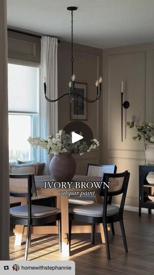 1.3K views · 360 reactions | Ivory Brown by @valsparpaint is an earthy tone that blends the richness of brown with a soft ivory touch, creating a cozy and inviting atmosphere. 

Works perfectly when you’re looking to add a sense of warmth to a room in your home like a living or dining space. Can also pair nicely with some bold neutrals as well! 

#homedecorinspo #targethome #targethomedecor #interiordesign #amazonhome #diyhomedecor #homedecor #mcgeeandco #modernorganic #easydiy #neutralhome #neutralhomedecor #targetstyle #mypotterybarn #transitionaldesign #neutralstyle #diytutorial #homerenovation #accentwall #valsparpaint #neutralpaintcolors #interiordesign #interiorswithbecky #interiorstyling #paintcolor | Interiors with Becky Cabin Paint Colors, Brown Paint Colors, Dining Room Paint Colors, New Paint Colors, Dining Room Paint, Interior Wall Paint, Target Home Decor, Favorite Paint Colors, Room Paint Colors