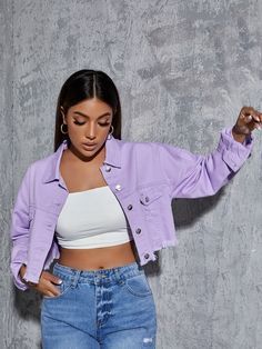 Lilac Purple Casual Long Sleeve Denim Plain Other Non-Stretch Women Denim White Cropped Jacket Outfit, Purple Jacket Outfit, Denim Jacket Outfit Women, Cropped Denim Jacket Outfit, Niall Horan Outfits, Cropped Jacket Outfit, White Cropped Jacket, Lavender Shirt, Jacket Outfit Women