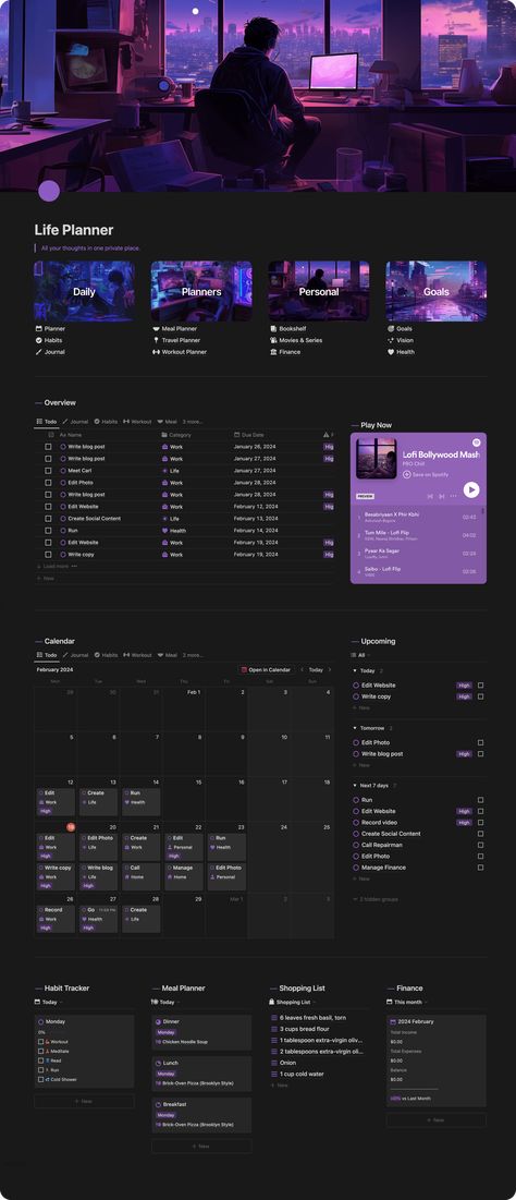 Ultimate Life Planner Notion Template @ Solt Wagner Plan A Aesthetic, Notion Template Ideas Dark Mode, Stream Template, Life Planner Template, Life Planner Notion, Ultimate Life Planner, Notion Life Planner, Notion Inspo, Notion Aesthetic