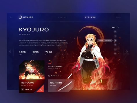 Anime Portfolio Design, Demon Slayer Powerpoint, Fantasy Website Design Inspiration, Web Profile Design, Anime Website Design, Game Character Profile, Profile Layout Design, Graphic Designer Portfolio Website, Profile Web Design