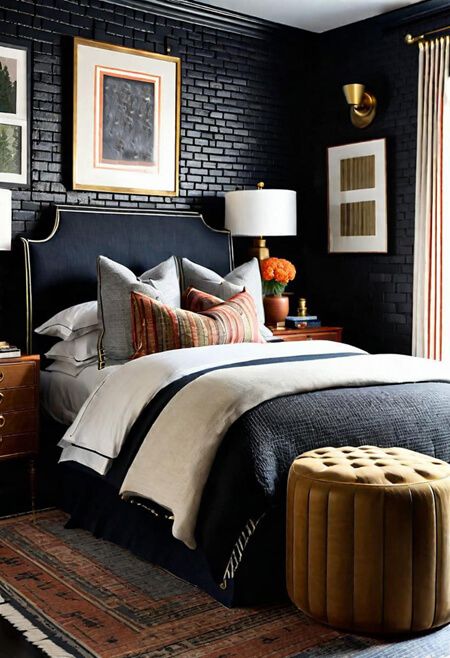 Bedroom Black Accent Wall, Room With Black Walls, Accent Wall Black, Guys Bedroom, Bedroom Moody, Brick Painting, Black Walls Bedroom, House Brick, Black Painted Walls